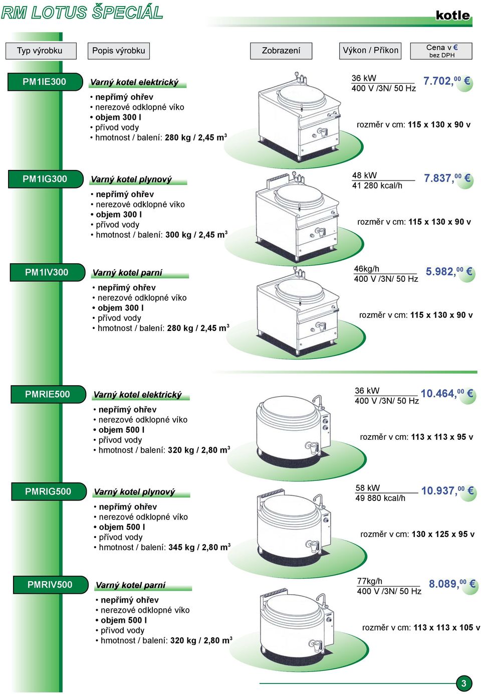 837, 00 rozměr v cm: 115 x 130 x 90 v PM1IV300 Varný kotel parní hmotnost / balení: 280 kg / 2,45 m 3 46kg/h 5.