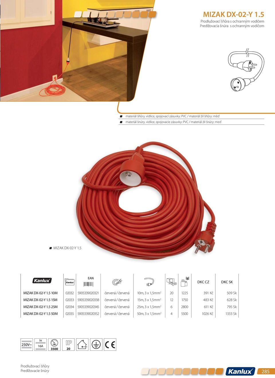 vidlice, spojovacie zásuvky: PVC / materiál žil šnúry: meď 5 5 10M 02032 5905339020321 červená / červená 10m, 3 x 1,5mm 2 20 1225 391 Kč 509 Sk 5 15M 02033 5905339020338 červená