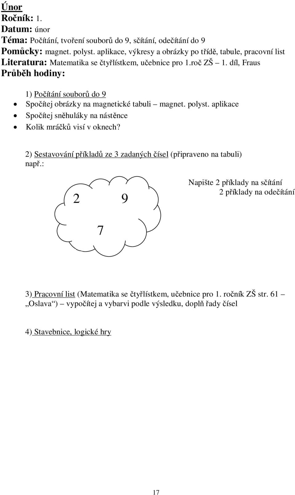 díl, Fraus Pr h hodiny: 1) Po ítání soubor do 9 Spo ítej obrázky na magnetické tabuli magnet. polyst. aplikace Spo ítej sn huláky na nást nce Kolik mrá visí v oknech?