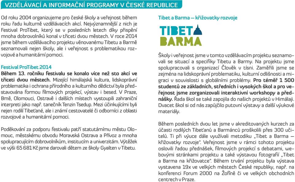 V roce 2014 jsme během vzdělávacího projektu věnovanému Tibetu a Barmě seznamovali nejen školy, ale i veřejnost s problematikou rozvojové a humanitární pomoci. Festival ProTibet 2014 Během 13.