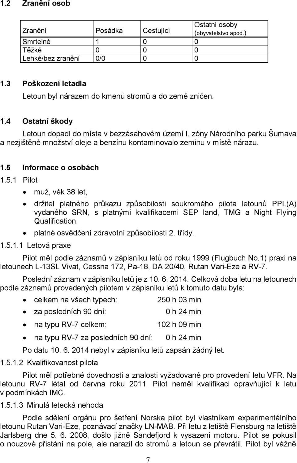 zóny Národního parku Šumava a nezjištěné množství oleje a benzínu kontaminovalo zeminu v místě nárazu. 1.5 