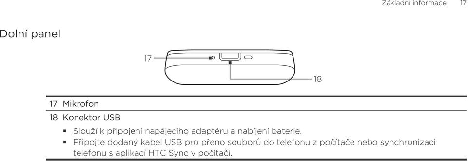 Připojte dodaný kabel USB pro přeno souborů do telefonu z