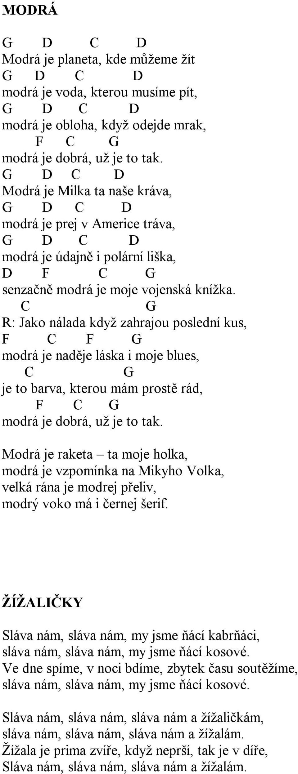 C G R: Jako nálada když zahrajou poslední kus, F C F G modrá je naděje láska i moje blues, C G je to barva, kterou mám prostě rád, F C G modrá je dobrá, už je to tak.