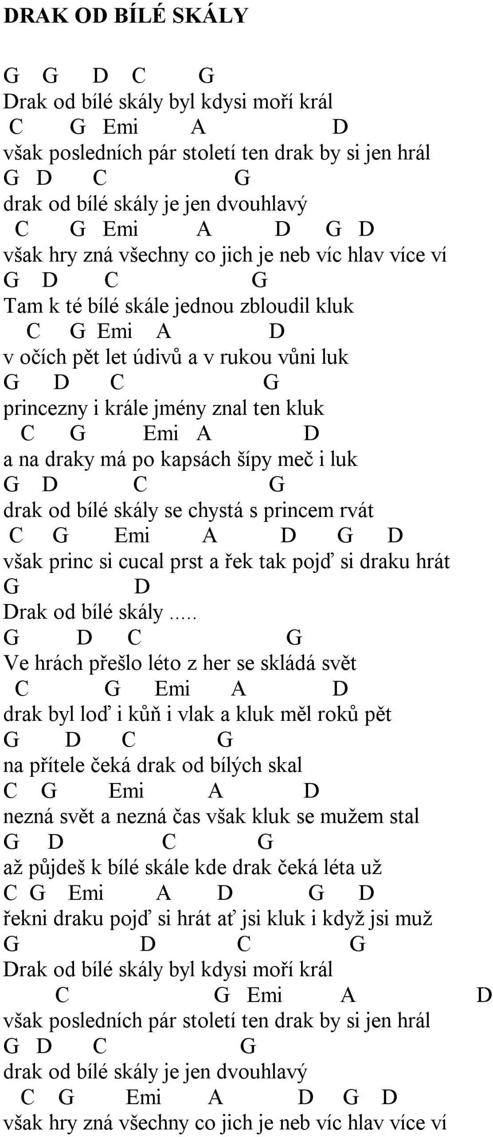 šípy meč i luk drak od bílé skály se chystá s princem rvát C G Emi A D G D však princ si cucal prst a řek tak pojď si draku hrát G D Drak od bílé skály.