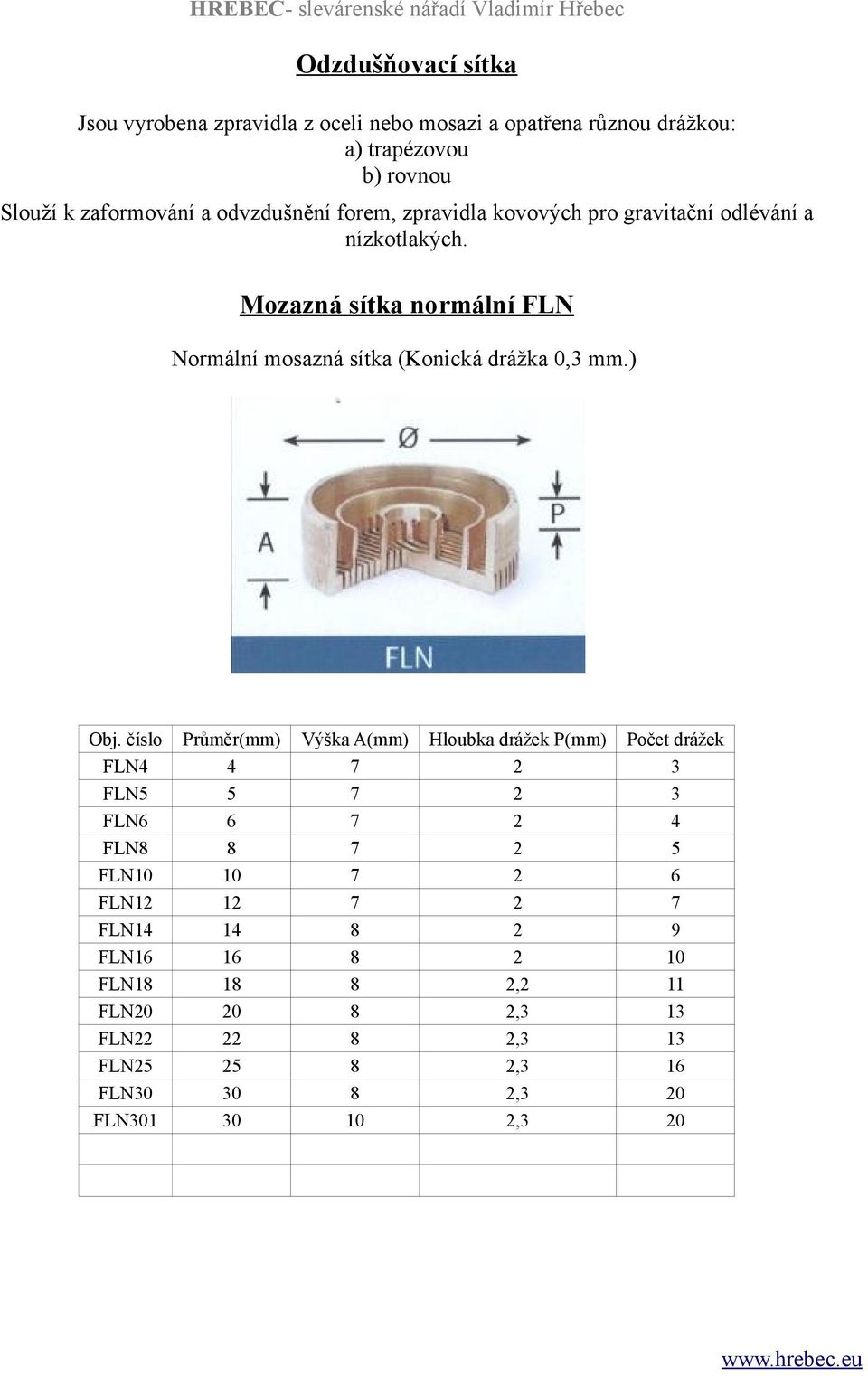 Mozazná sítka normální FLN Normální mosazná sítka (Konická drážka 0, mm.) Obj.
