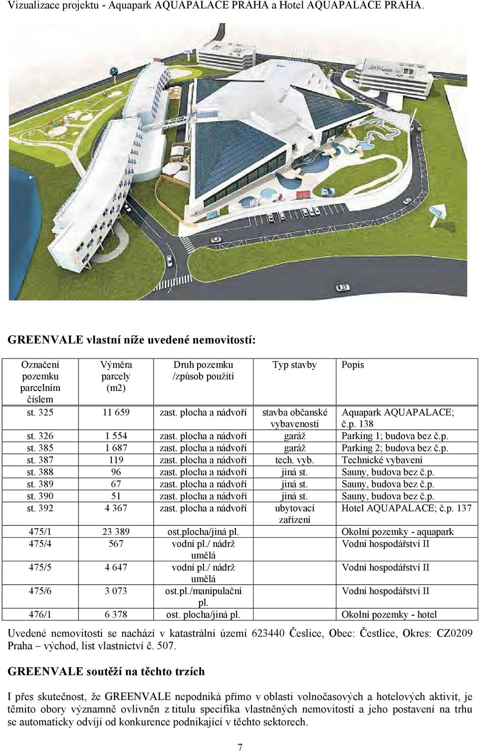 plocha a nádvoří stavba občanské vybavenosti Aquapark AQUAPALACE; č.p. 138 st. 326 1 554 zast. plocha a nádvoří garáž Parking 1; budova bez č.p. st. 385 1 687 zast.