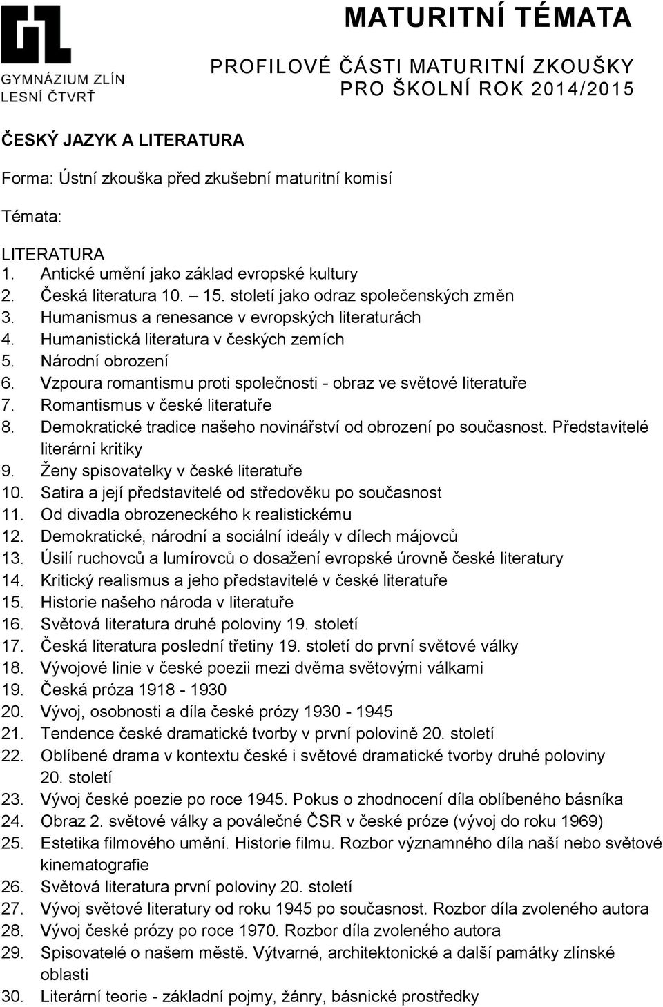 Romantismus v české literatuře 8. Demokratické tradice našeho novinářství od obrození po současnost. Představitelé literární kritiky 9. Ženy spisovatelky v české literatuře 10.