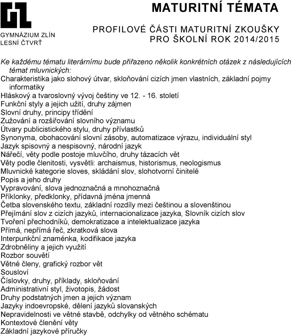 století Funkční styly a jejich užití, druhy zájmen Slovní druhy, principy třídění Zužování a rozšiřování slovního významu Útvary publicistického stylu, druhy přívlastků Synonyma, obohacování slovní