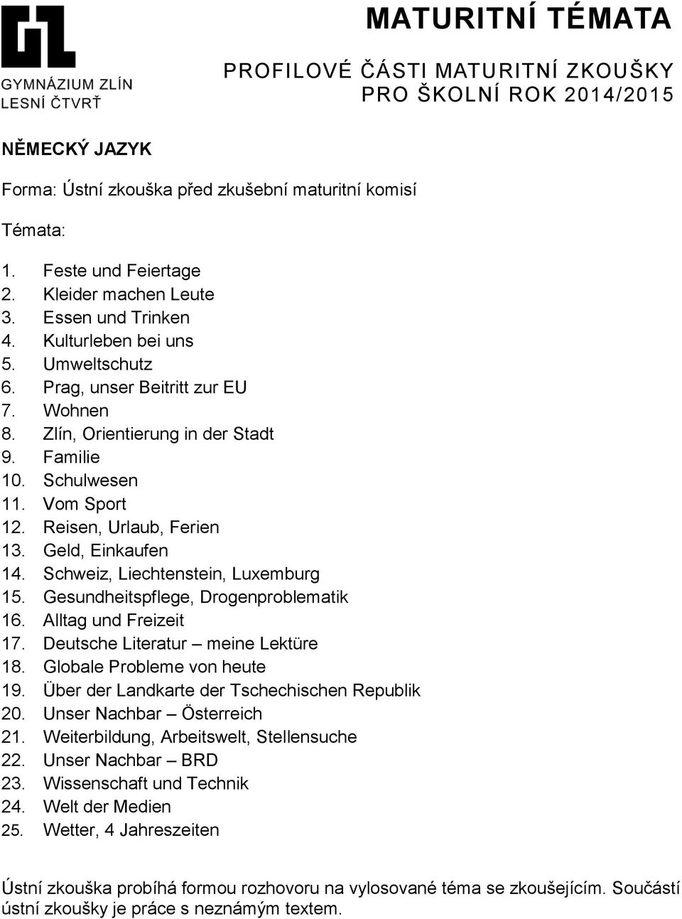 Deutsche Literatur meine Lektüre 18. Globale Probleme von heute 19. Über der Landkarte der Tschechischen Republik 20. Unser Nachbar Österreich 21. Weiterbildung, Arbeitswelt, Stellensuche 22.