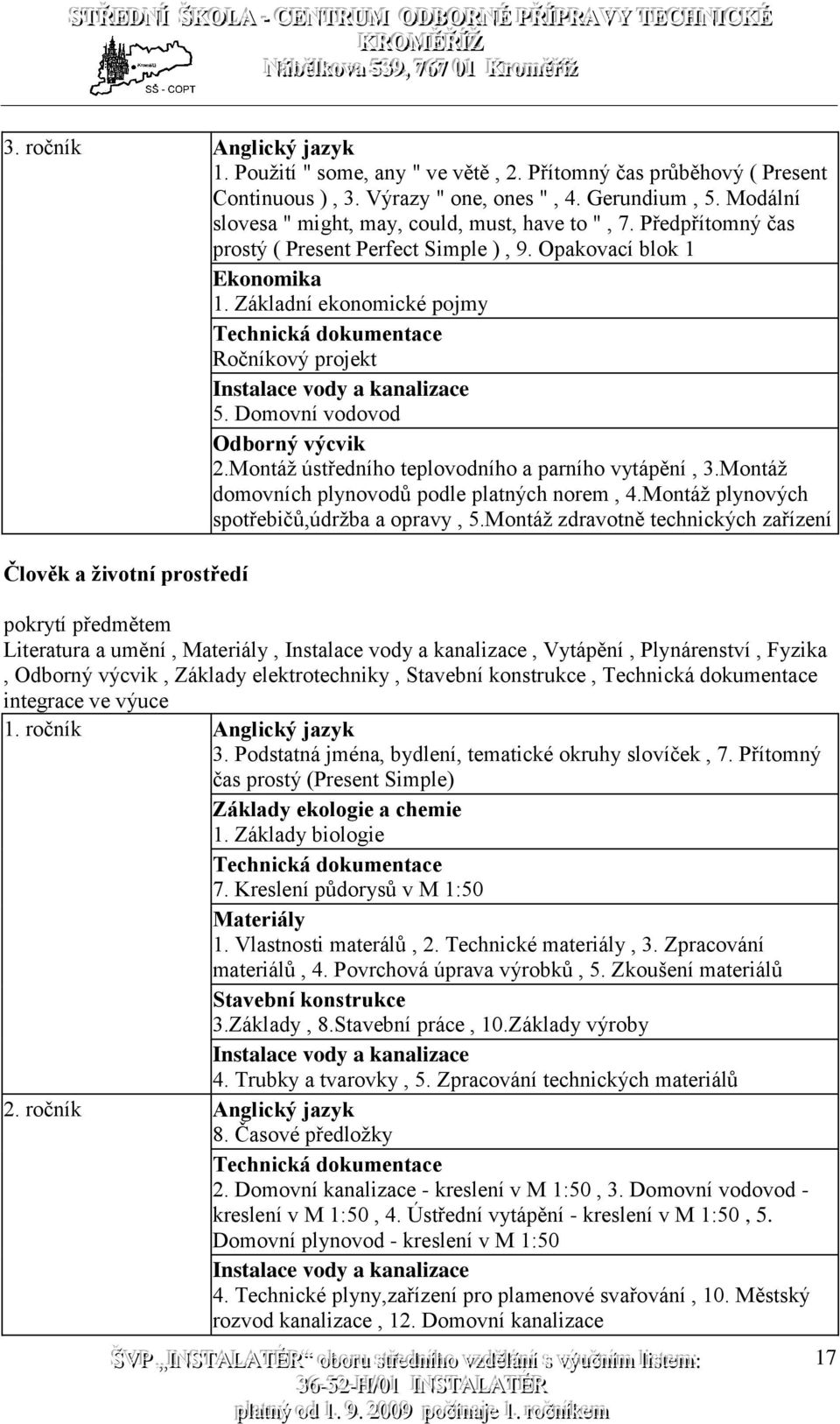 Základní ekonomické pojmy Technická dokumentace Ročníkový projekt Instalace vody a kanalizace 5. Domovní vodovod Odborný výcvik 2.Montáž ústředního teplovodního a parního vytápění, 3.