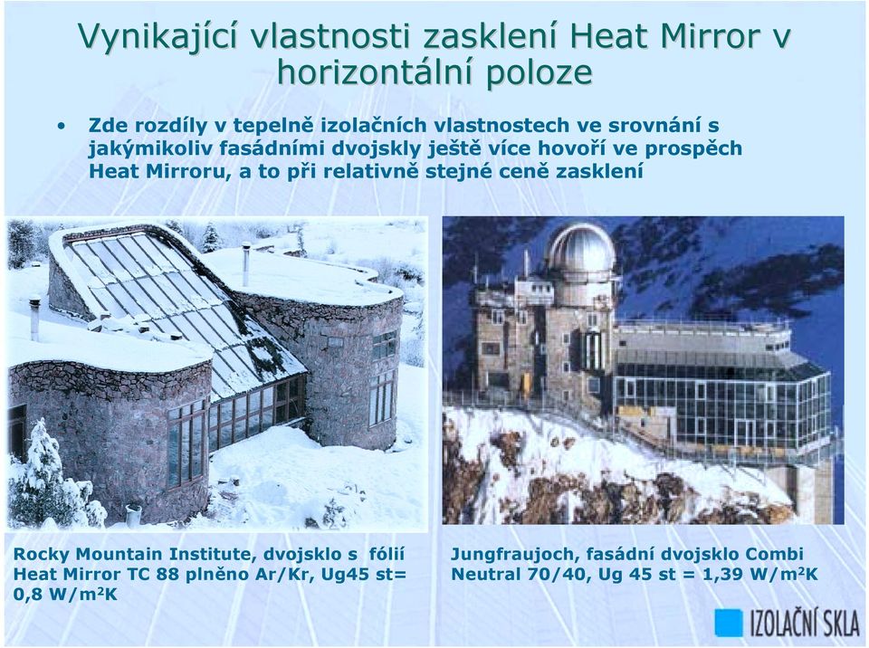 a to při relativně stejné ceně zasklení Rocky Mountain Institute, dvojsklo s fólií Heat Mirror TC 88