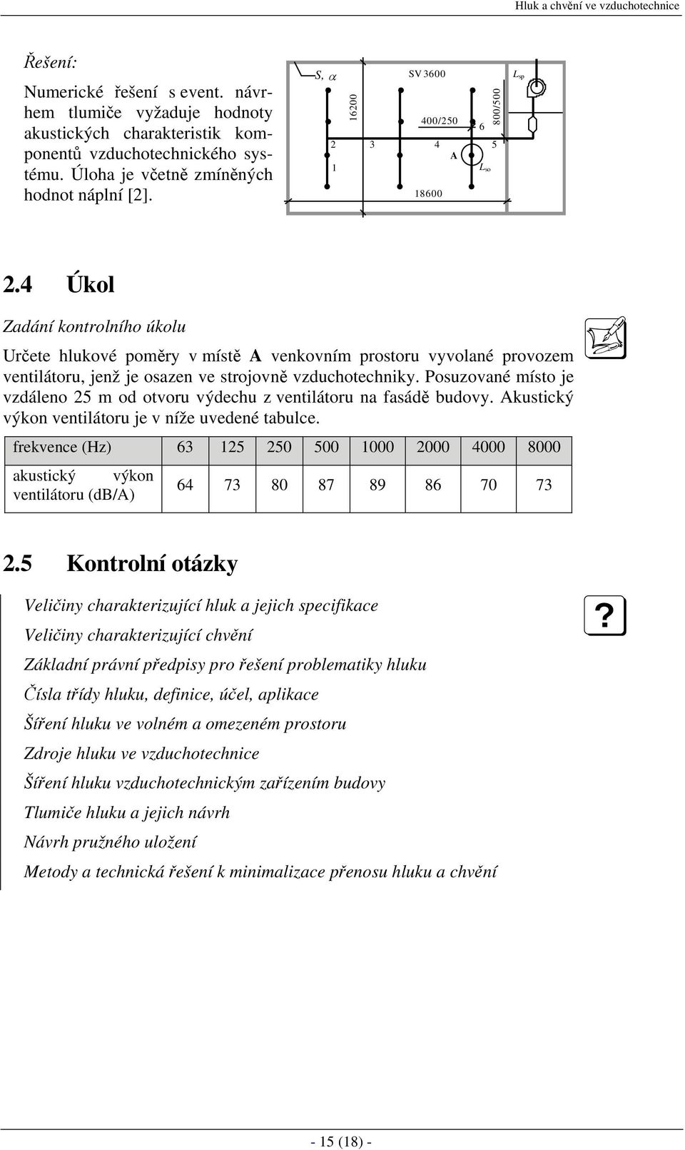 4 Úkol Zadání kontrolního úkolu Určete hlukové poměry v místě A venkovním prostoru vyvolané provozem ventilátoru, jenž je osazen ve strojovně vzduchotechniky.