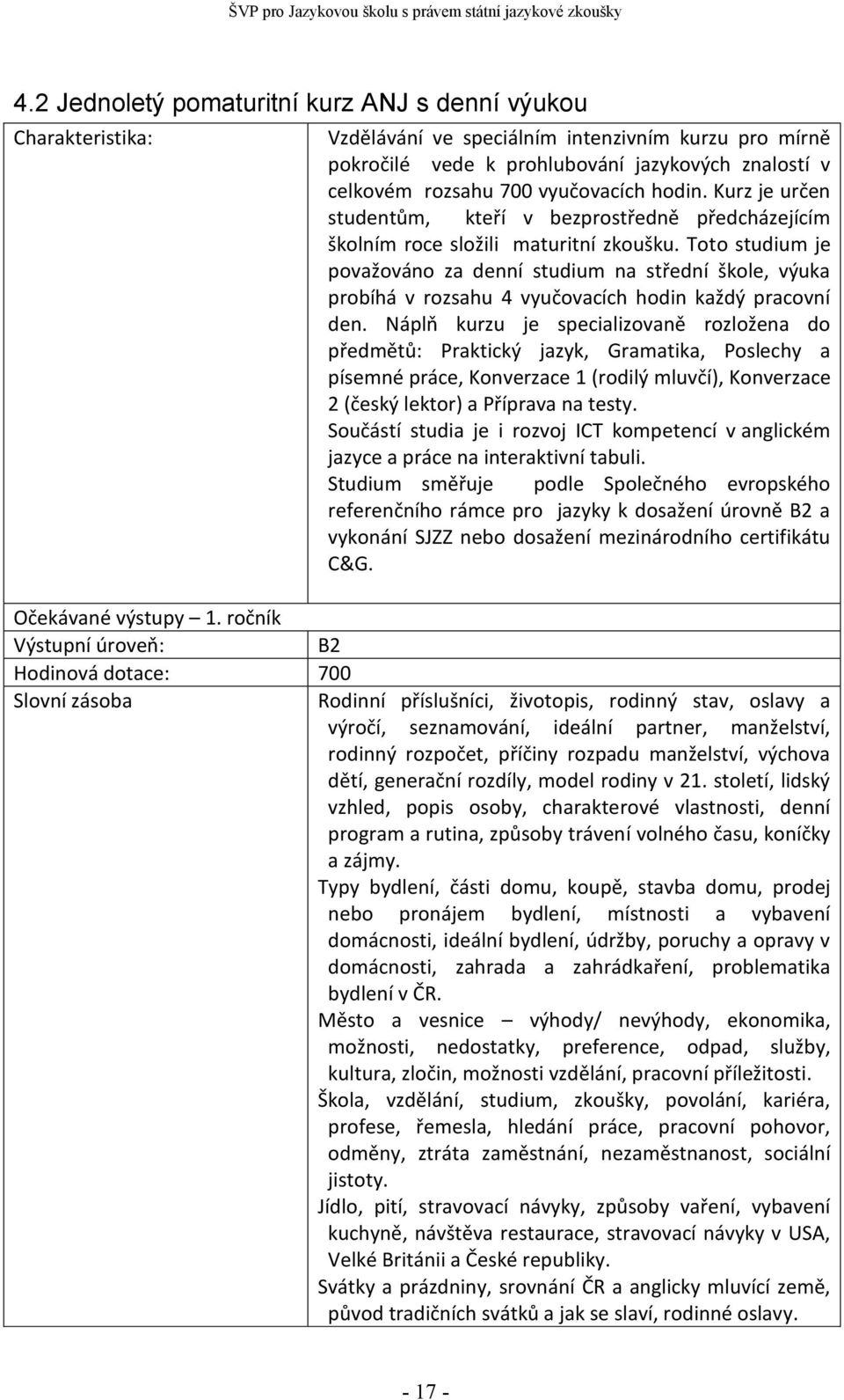 Toto studium je považováno za denní studium na střední škole, výuka probíhá v rozsahu 4 vyučovacích hodin každý pracovní den.