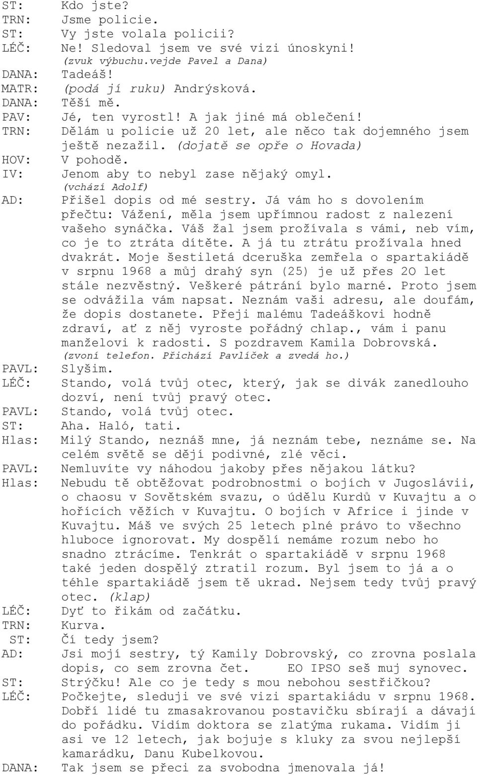 IV: Jenom aby to nebyl zase nějaký omyl. (vchází Adolf) AD: Přišel dopis od mé sestry. Já vám ho s dovolením přečtu: Vážení, měla jsem upřímnou radost z nalezení vašeho synáčka.