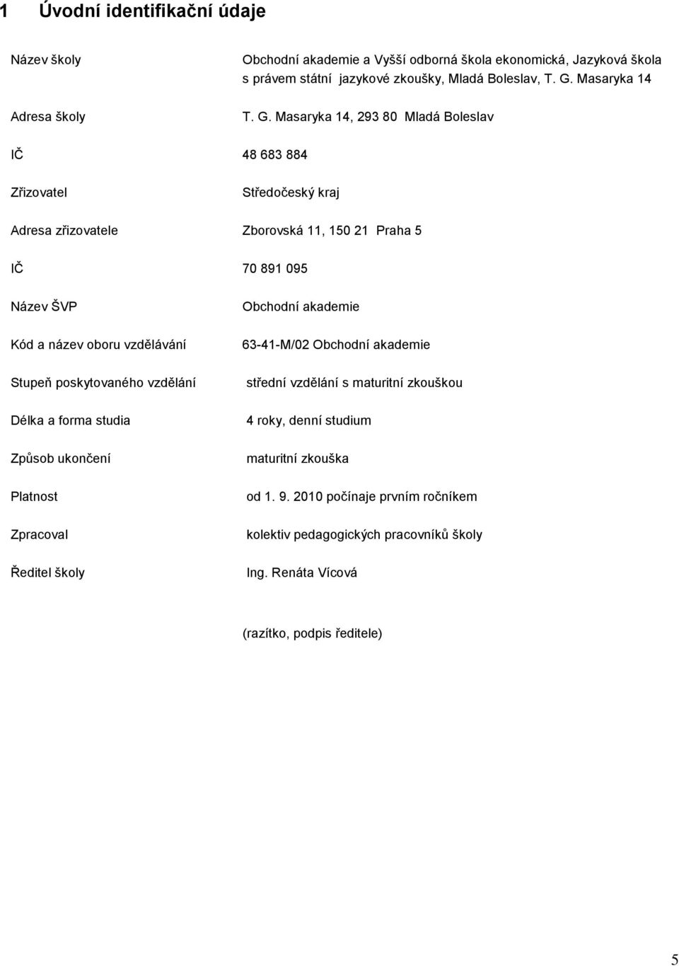 Masaryka 14, 293 80 Mladá Boleslav IČ 48 683 884 Zřizovatel Středočeský kraj Adresa zřizovatele Zborovská 11, 150 21 Praha 5 IČ 70 891 095 Název ŠVP Kód a název oboru vzdělávání