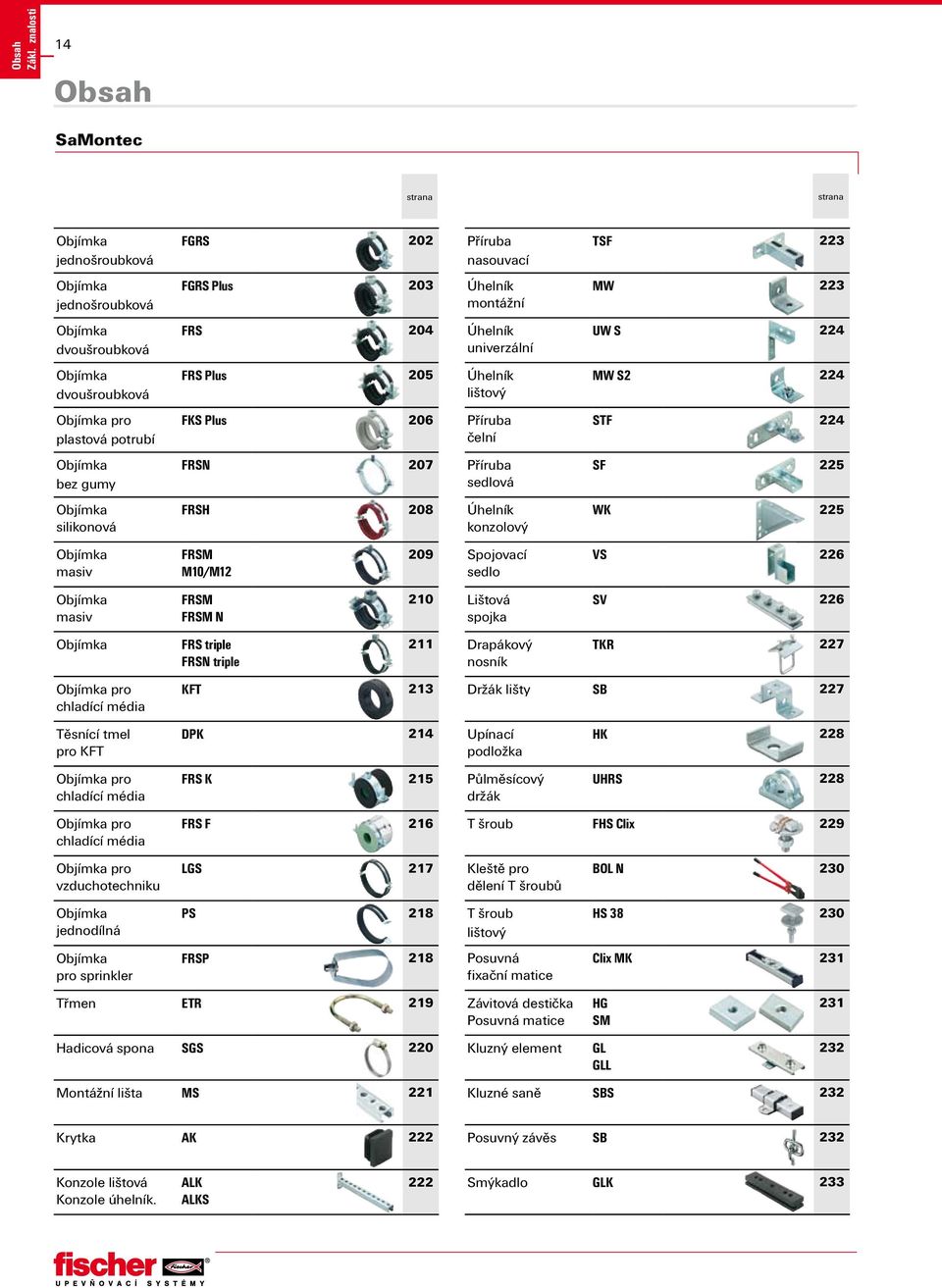 214 FRS K 215 FRS F 216 LGS 217 PS 218 FRSP 218 Třmen ETR 219 Hadicová spona SGS 220 Montážní lišta MS 221 Příruba nasouvací Úhelník montážní Úhelník univerzální Úhelník lištový Příruba čelní Příruba