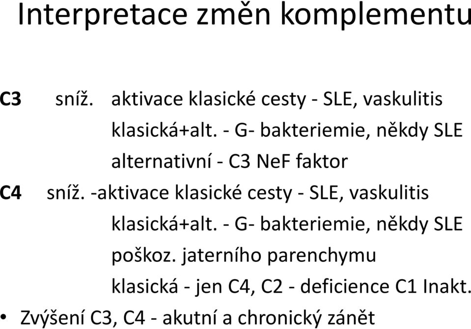 - G- bakteriemie, někdy SLE alternativní - C3 NeF faktor C4 sníž.