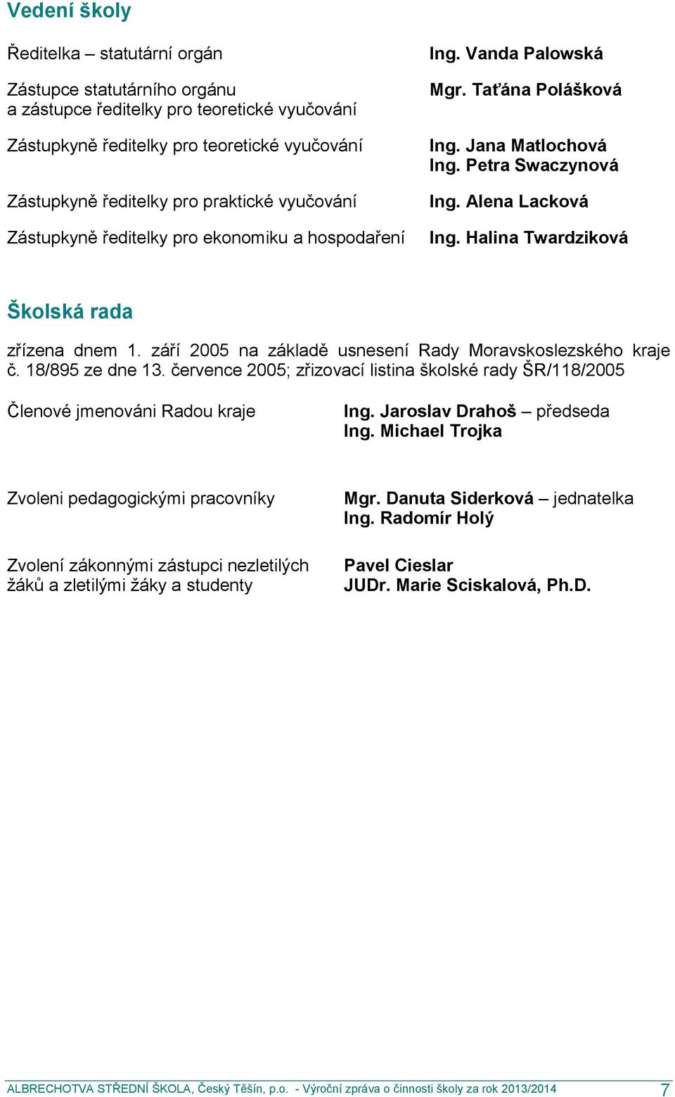 Halina Twardziková Školská rada zřízena dnem 1. září 2005 na základě usnesení Rady Moravskoslezského kraje č. 18/895 ze dne 13.