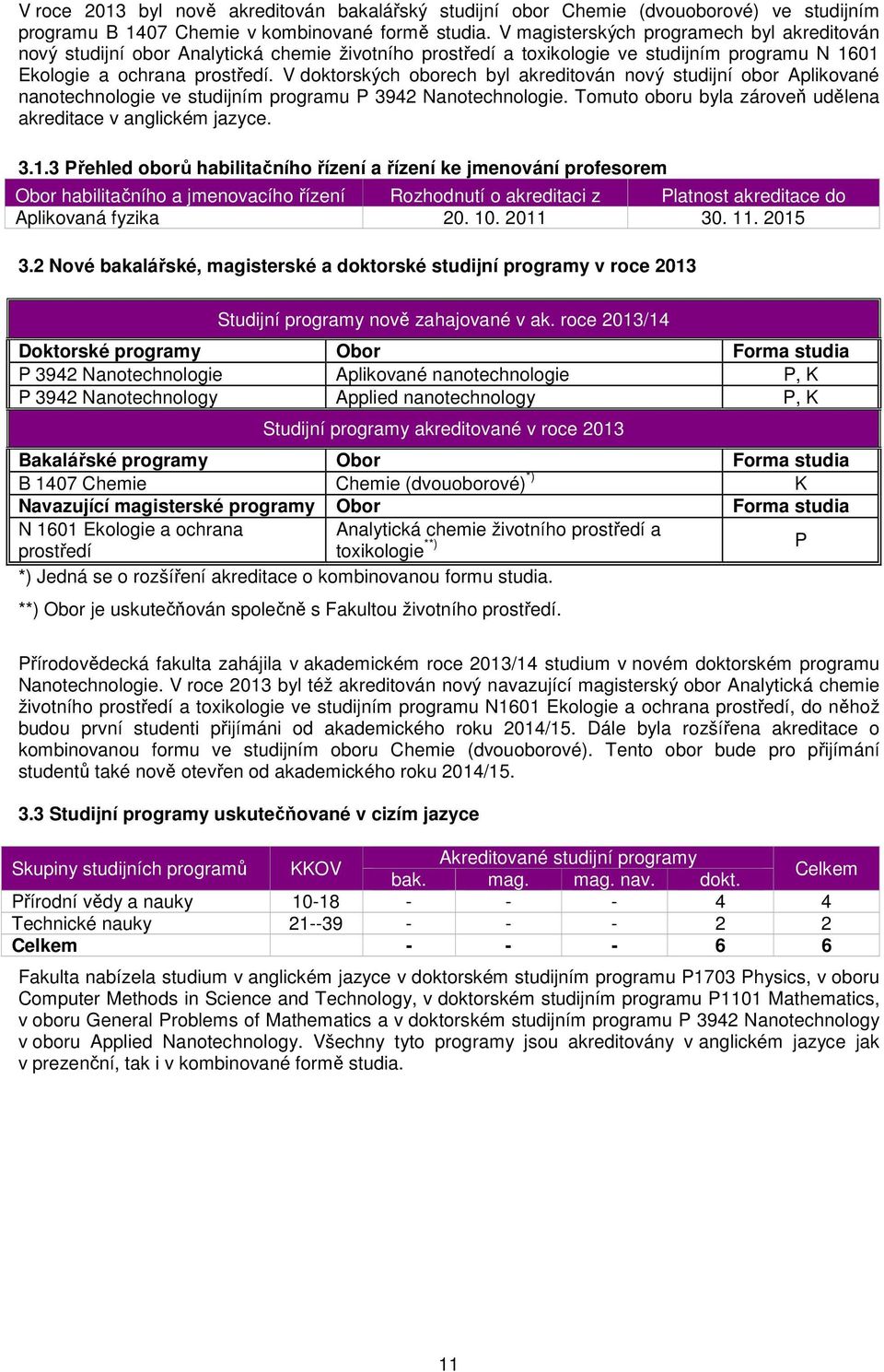 V doktorských oborech byl akreditován nový studijní obor Aplikované nanotechnologie ve studijním programu P 3942 Nanotechnologie. Tomuto oboru byla zároveň udělena akreditace v anglickém jazyce. 3.1.