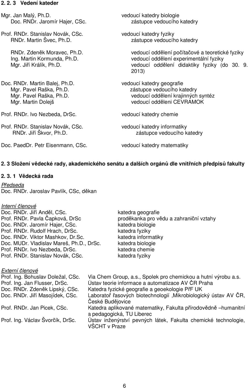 9. 2013) Doc. RNDr. Martin Balej, Ph.D. Mgr. Pavel Raška, Ph.D. Mgr. Pavel Raška, Ph.D. Mgr. Martin Dolejš Prof. RNDr. Ivo Nezbeda, DrSc. Prof. RNDr. Stanislav Novák, CSc. RNDr. Jiří Škvor, Ph.D. Doc. PaedDr.