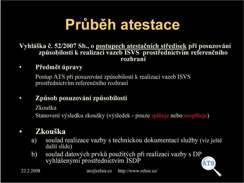 Postup ATS při posuzování způsobilosti k realizaci vazeb ISVS prostřednictvím referenčního rozhraní Způsob posuzování způsobilosti Zkouška