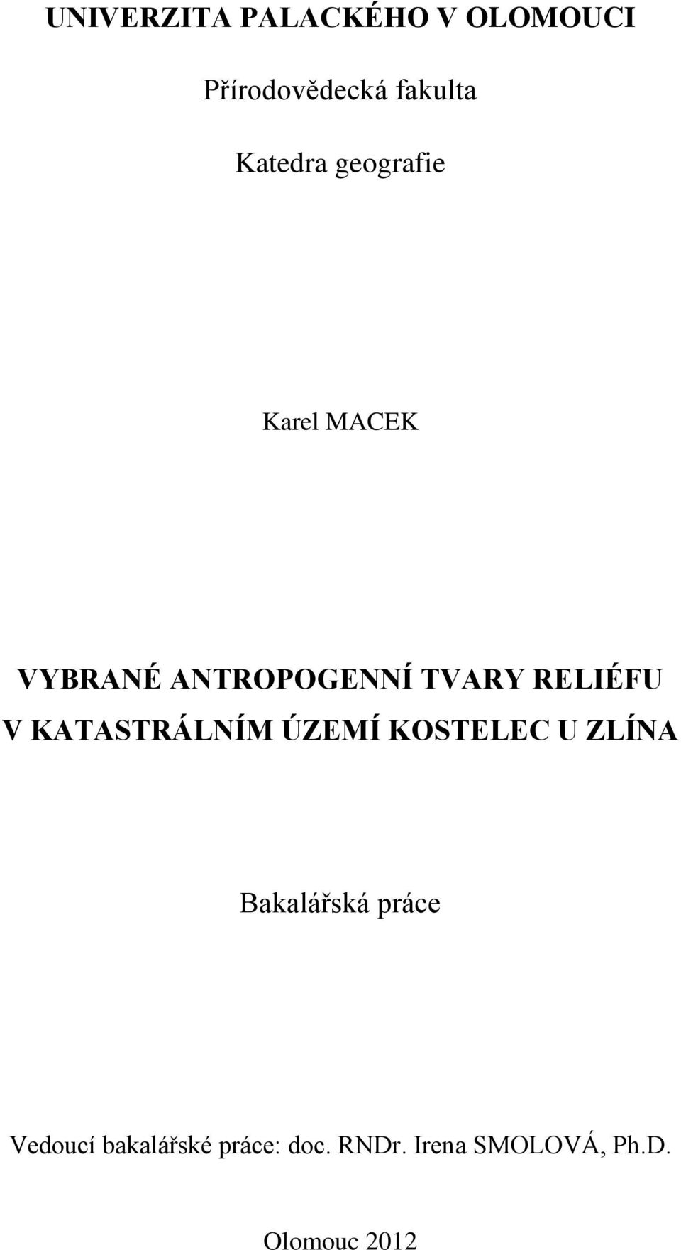 RELIÉFU V KATASTRÁLNÍM ÚZEMÍ KOSTELEC U ZLÍNA Bakalářská