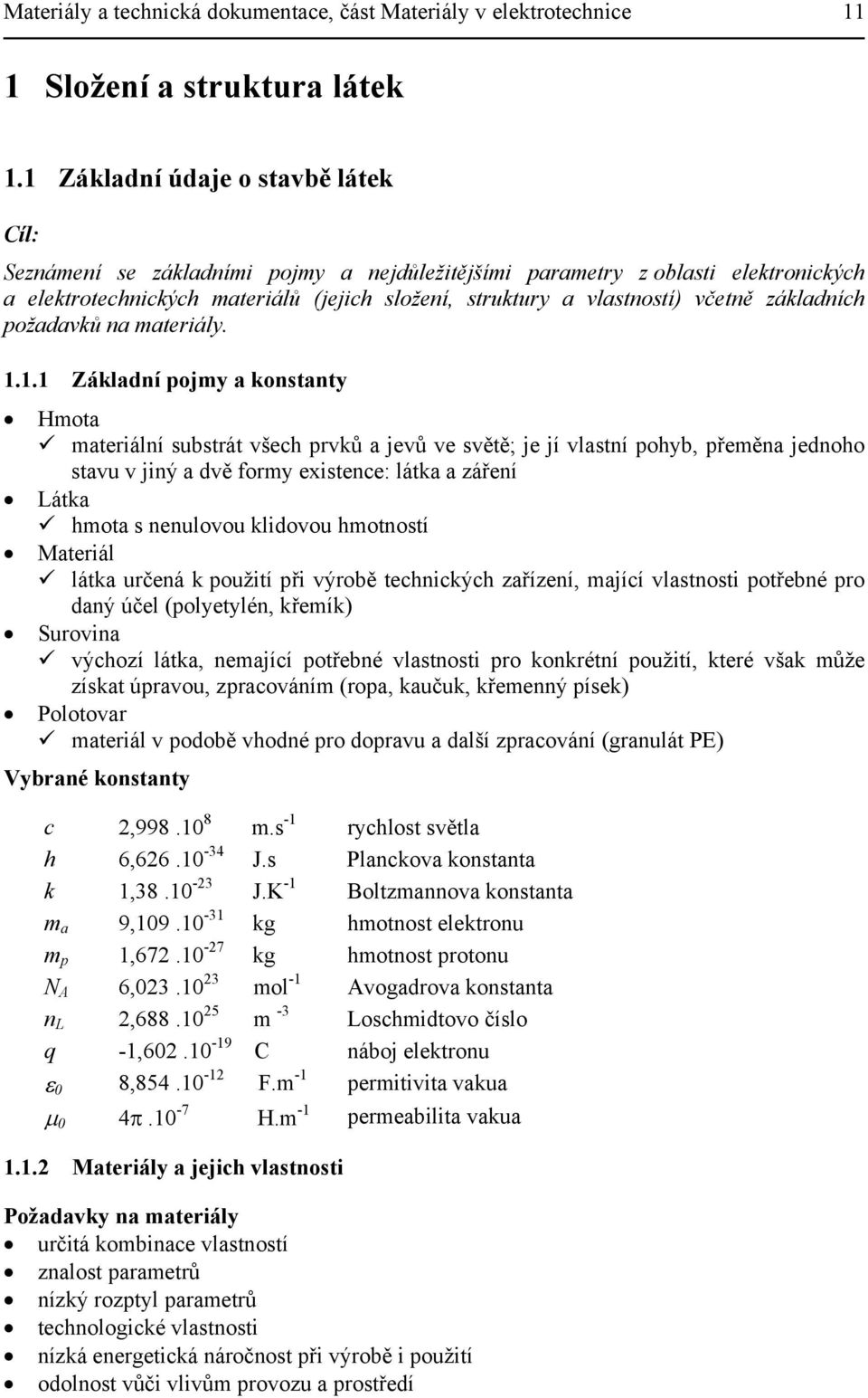 základních požadavků na materiály. 1.