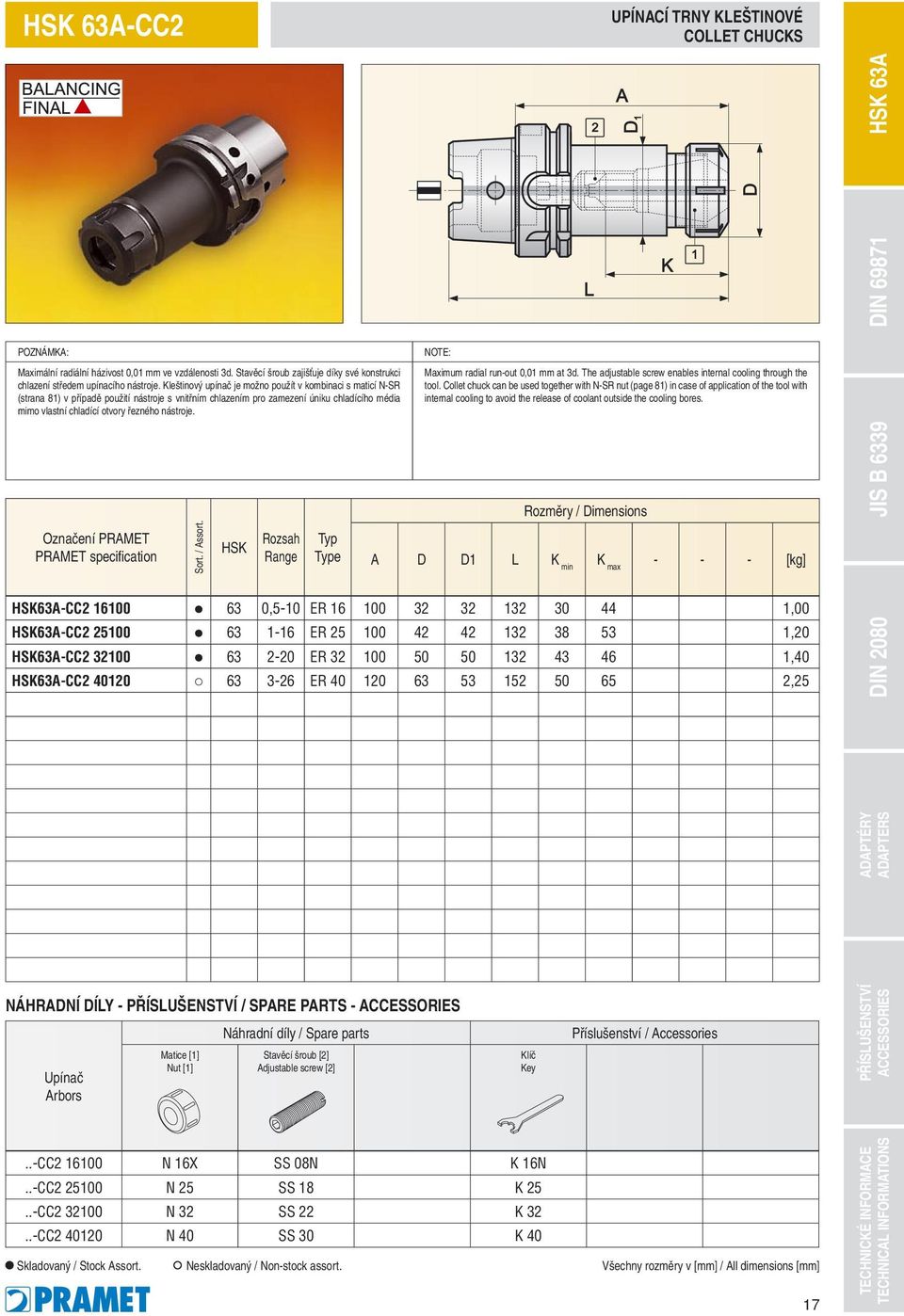 nástroje. HSK Rozsah Range Typ Type Maximum radial run-out 0,01 mm at 3d. The adjustable screw enables internal cooling through the tool.