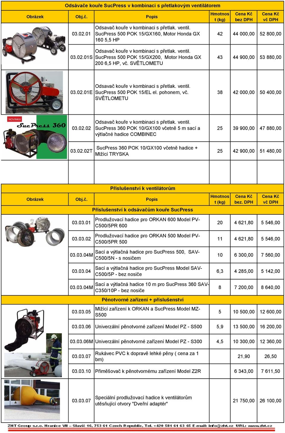 pohonem, vč. SVĚTLOMETU 38 42 000,00 50 400,00 03.02.02 Odsavač kouře v kombinaci s přetlak. ventil. SucPress 360 POK 10/GX100 včetně 5 m sací a výtlačné hadice COMBINEC 25 39 900,00 47 880,00 03.02.02T SucPress 360 POK 10/GX100 včetně hadice + Mlžící TRYSKA 25 42 900,00 51 480,00 Příslušenství k ventilátorům Obrázek Obj.