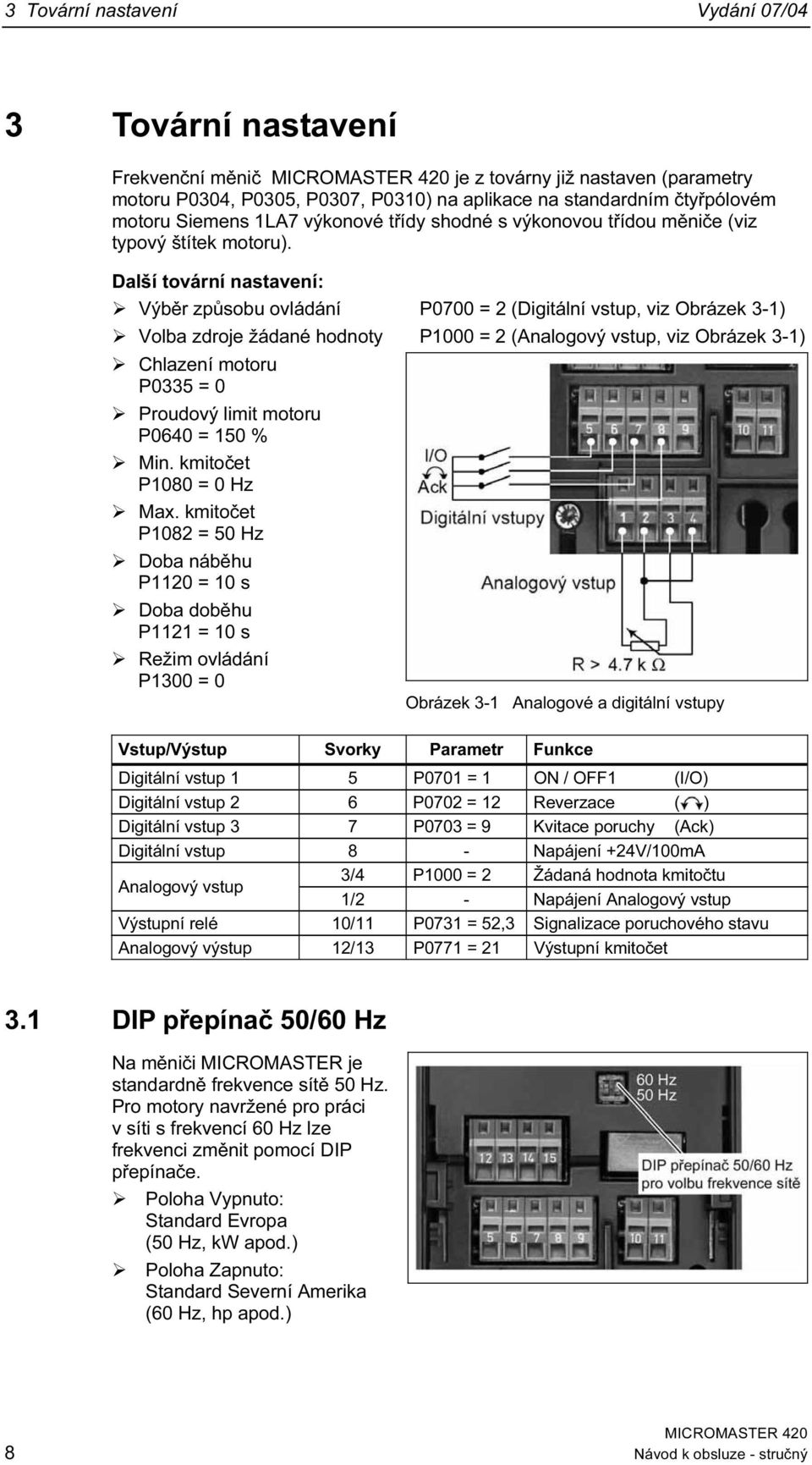 Další tovární nastavení: Výběr způsobu ovládání P7 = 2 (Digitální vstup, viz Obrázek 3-1) Volba zdroje žádané hodnoty P1 = 2 (Analogový vstup, viz Obrázek 3-1) Chlazení motoru P335 = Proudový limit