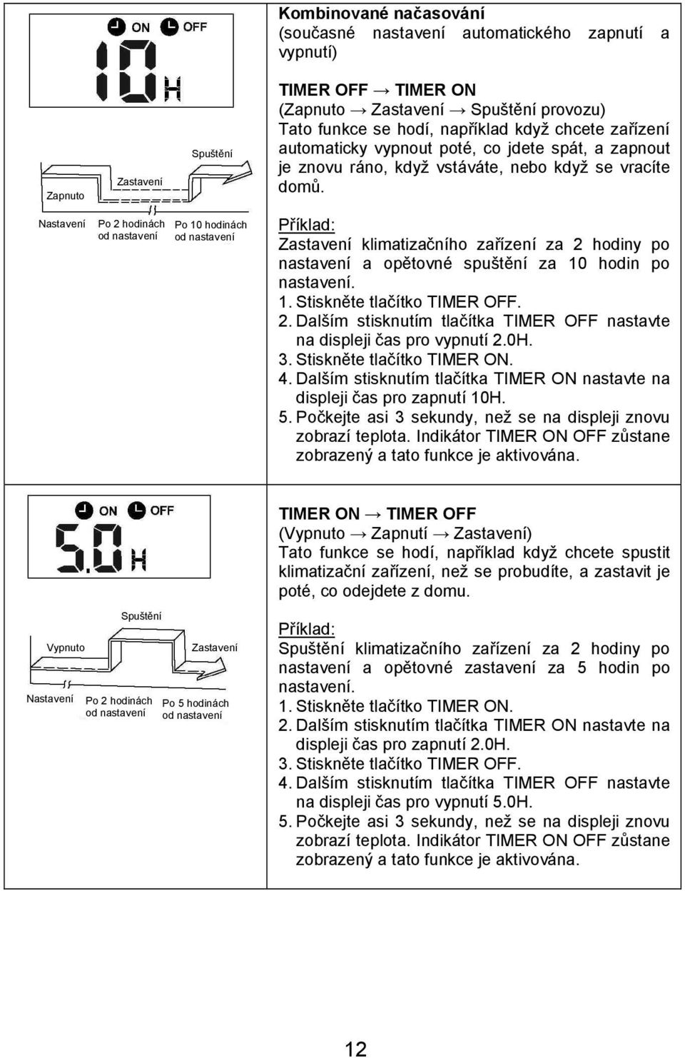 Nastavení Po 2 hodinách od nastavení Po 10 hodinách od nastavení Příklad: Zastavení klimatizačního zařízení za 2 hodiny po nastavení a opětovné spuštění za 10 hodin po nastavení. 1. Stiskněte tlačítko TIMER OFF.