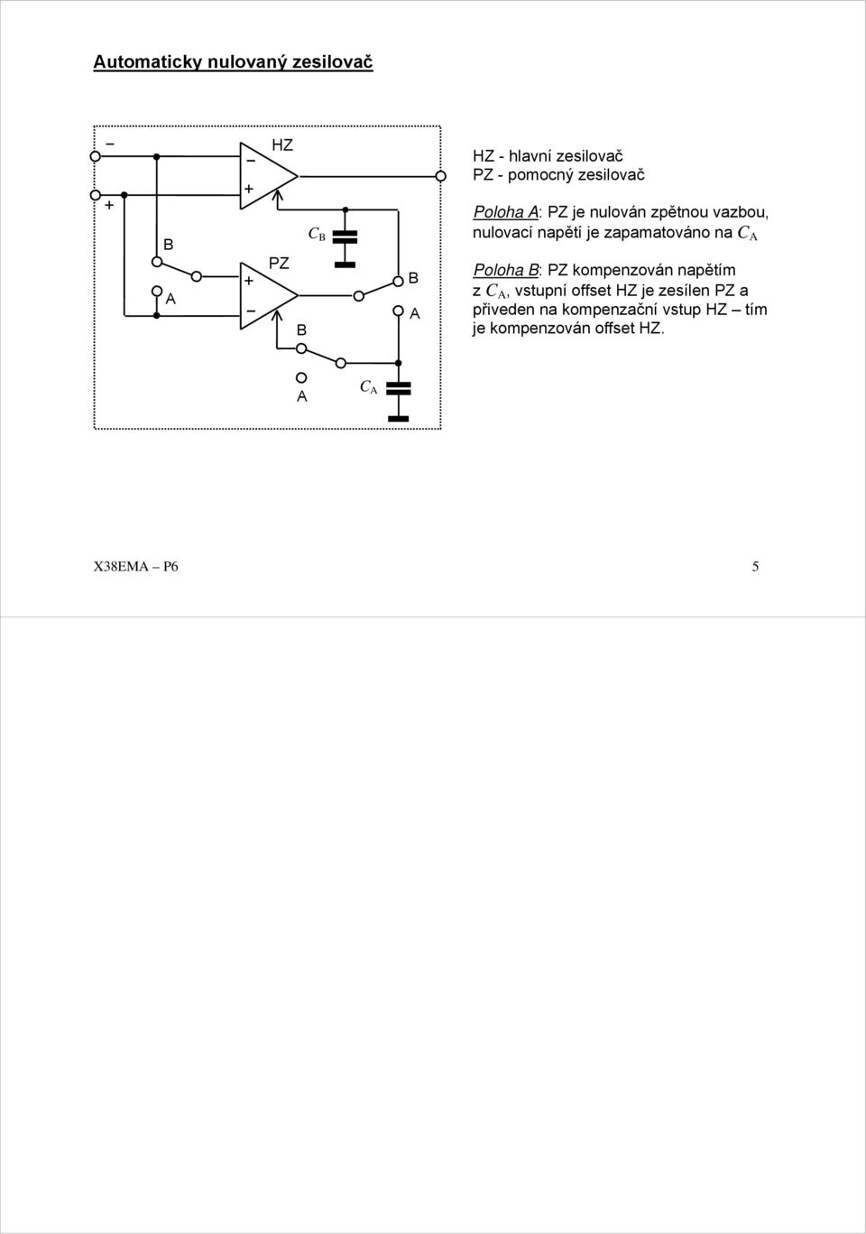 zapamatováno na C A Poloha B: PZ kompenzován napětím z C A, vstupní offset HZ je