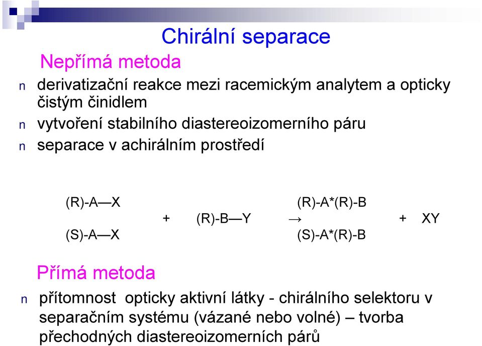 (S)-A X (R)-A*(R)-B + (R)-B Y + XY (S)-A*(R)-B Přímá metoda přítomnost opticky aktivní látky -