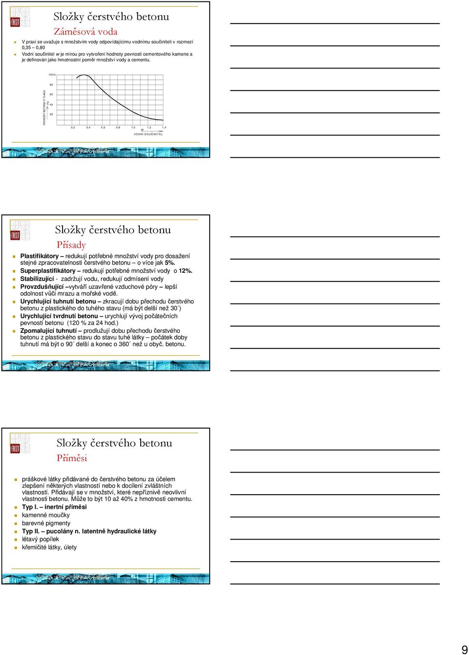 1 0 0% 80 PEVNOST BETONU V TLKU (%) 60 40 20 0,2 0,4 0,6 0,8 1,0 1,2 1,4 W VODNÍ SOUČINITEL Složky čerstvého betonu Přísady Plastifikátory redukují potřebné množství vody pro dosažení stejné