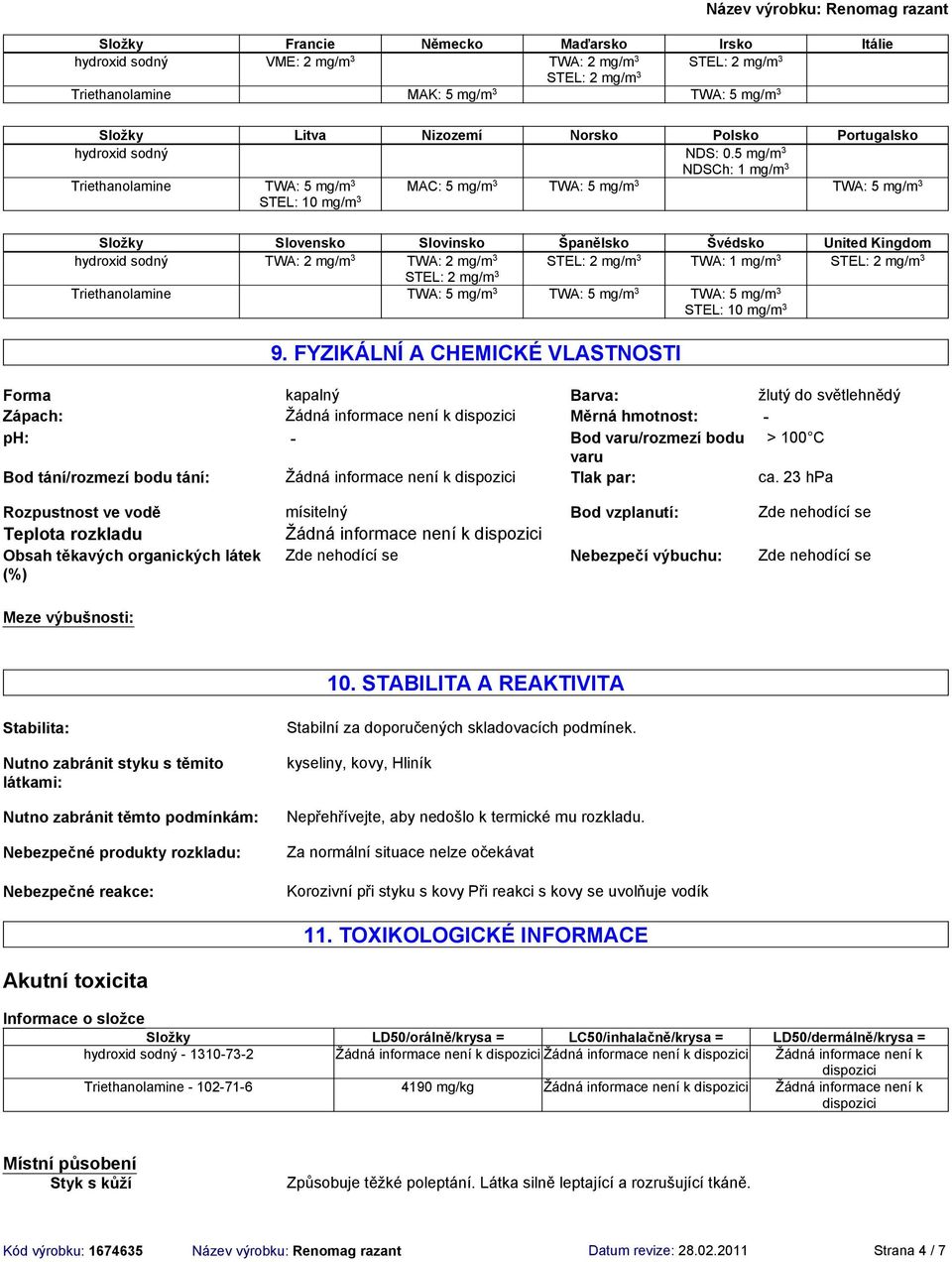 5 mg/m 3 NDSCh: 1 mg/m 3 Triethanolamine TWA: 5 mg/m 3 STEL: 10 mg/m 3 MAC: 5 mg/m 3 TWA: 5 mg/m 3 TWA: 5 mg/m 3 Složky Slovensko Slovinsko Španělsko Švédsko United Kingdom hydroxid sodný TWA: 2 mg/m