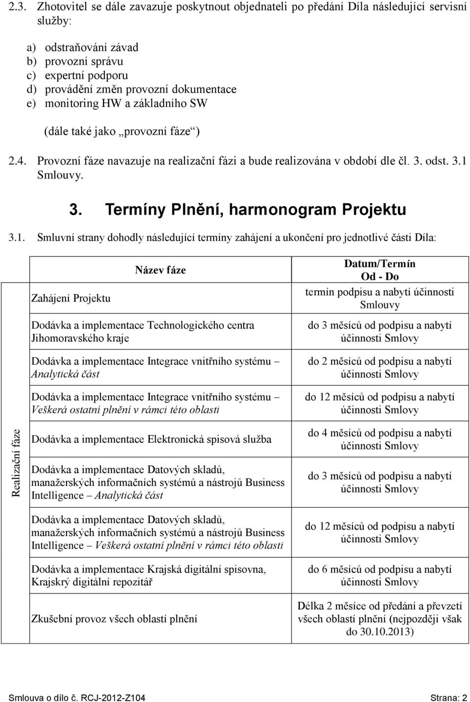 monitoring HW a základního SW (dále také jako provozní fáze ) 2.4. Provozní fáze navazuje na realizační fázi a bude realizována v období dle čl. 3. odst. 3.1 Smlouvy. 3. Termíny Plnění, harmonogram Projektu 3.