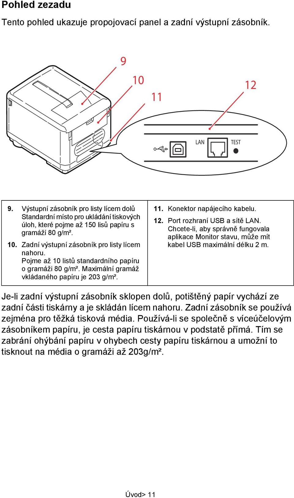 Pojme až 10 listů standardního papíru o gramáži 80 g/m². Maximální gramáž vkládaného papíru je 203 g/m². 11. Konektor napájecího kabelu. 12. Port rozhraní USB a sítě LAN.