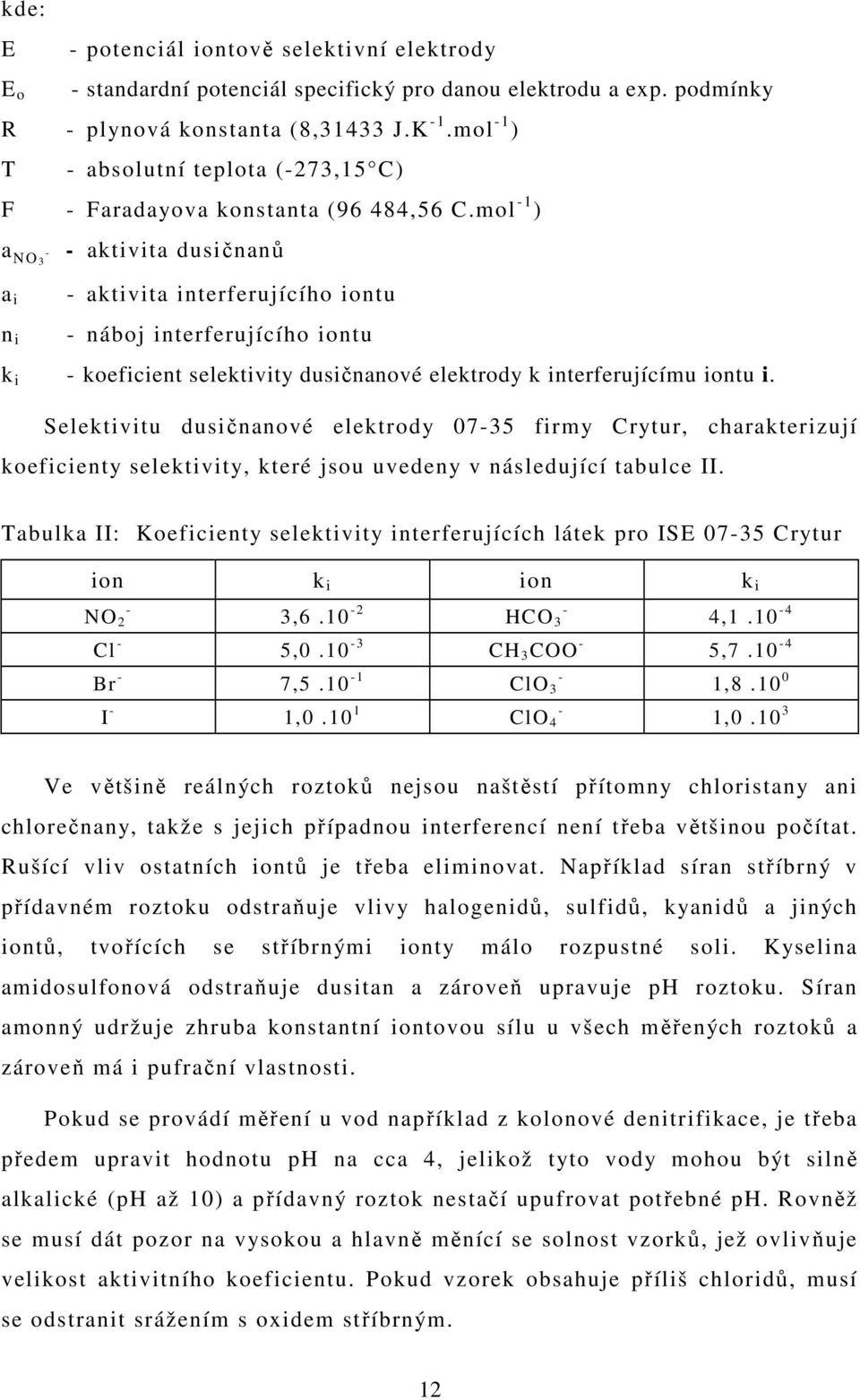 mol -1 ) a - NO3 - aktivita dusičnanů a i n i - aktivita interferujícího iontu - náboj interferujícího iontu k i - koeficient selektivity dusičnanové elektrody k interferujícímu iontu i.