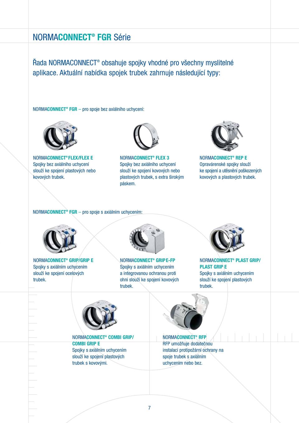 kovových trubek. NORMACONNECT FLEX 3 Spojky bez axiálního uchycení slouží ke spojení kovových nebo plastových trubek, s extra širokým páskem.