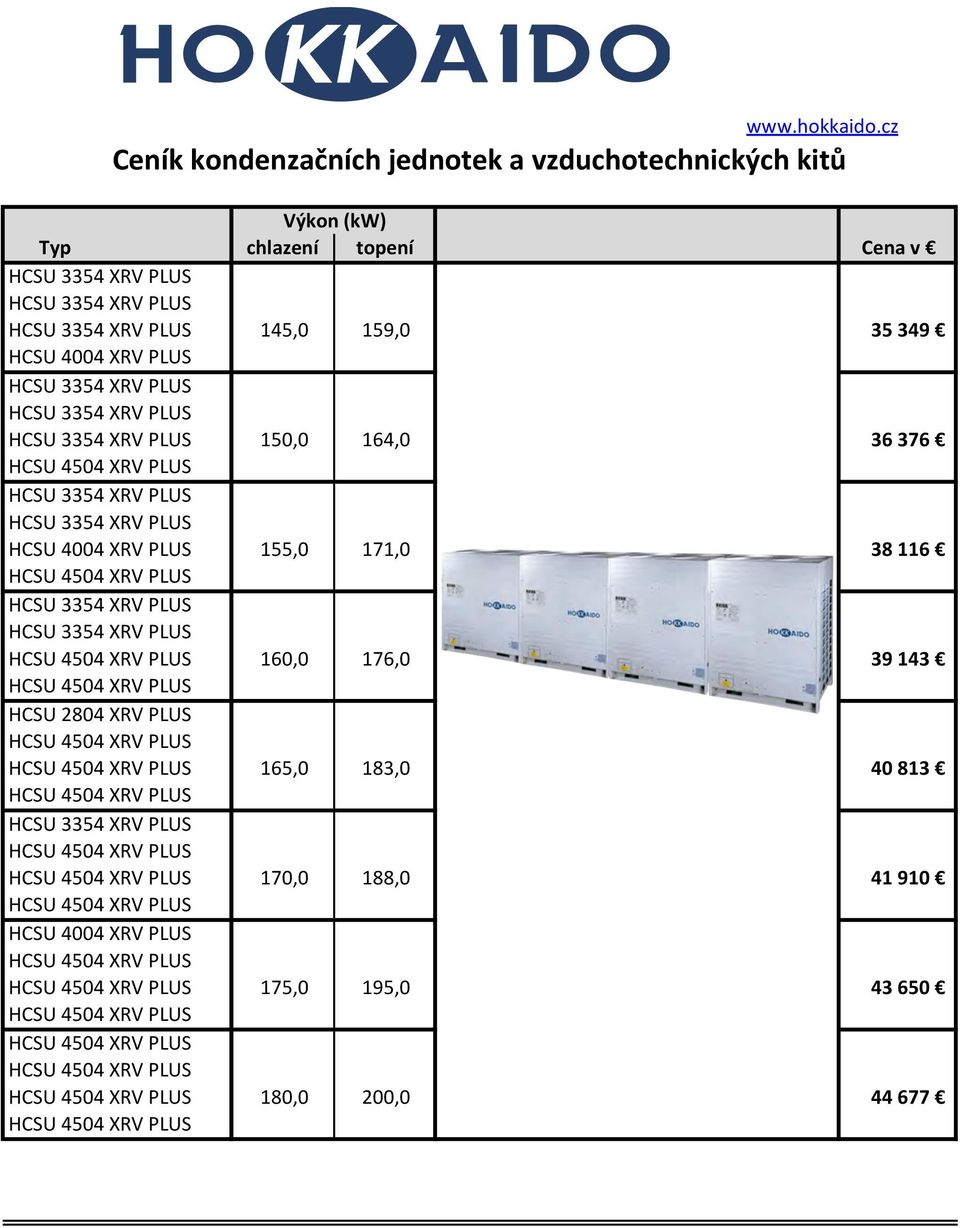 chlazení topení Cena v 145,0 159,0 35 349 HCSU 4004 XRV PLUS 150,0 164,0 36 376