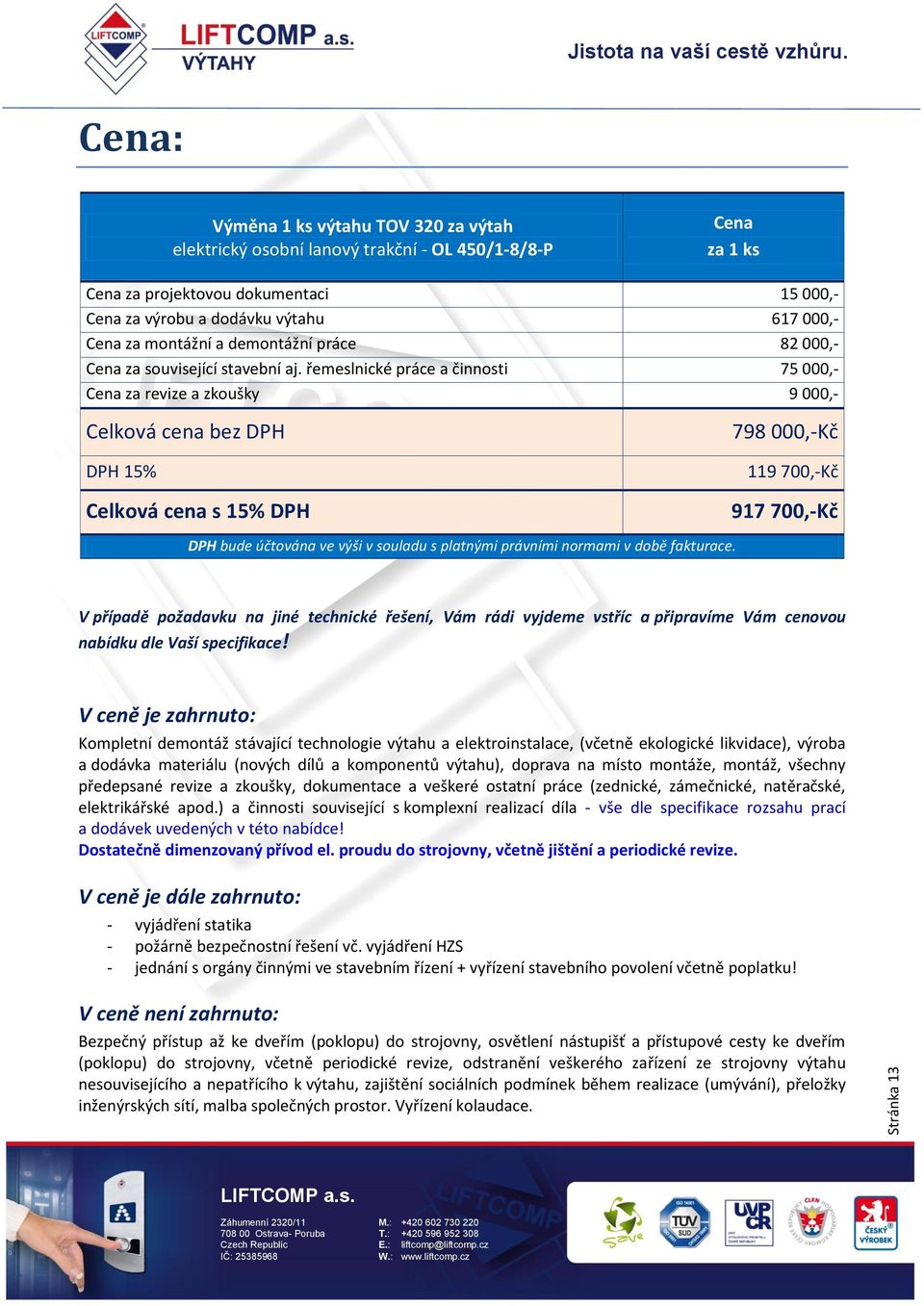 řemeslnické práce a činnosti Cena za revize a zkoušky Celková cena bez DPH 15 000,617 000,82 000,75 000,9 000,- 798 000,-Kč DPH 15% 119 700,-Kč Celková cena s 15% DPH 917 700,-Kč DPH bude účtována ve