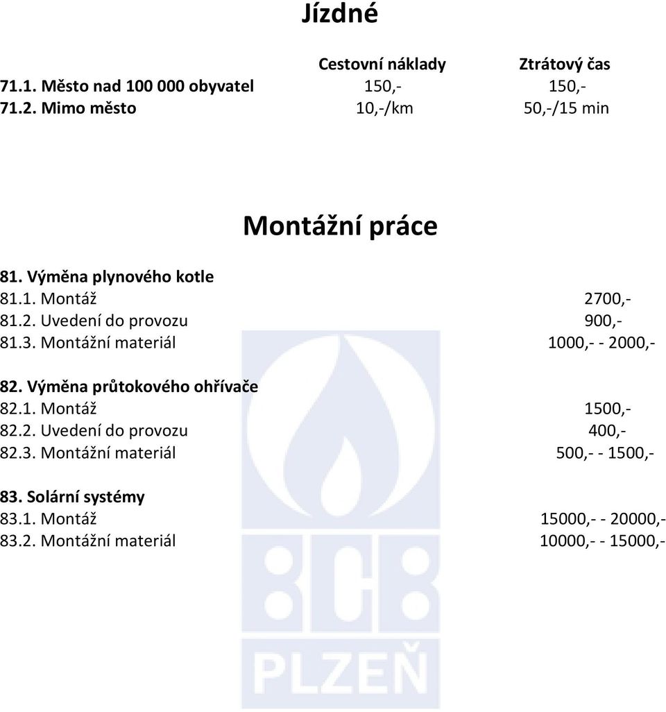 3. Montážní materiál 1000,- - 2000,- 82. Výměna průtokového ohřívače 82.1. Montáž 1500,- 82.2. Uvedení do provozu 400,- 82.