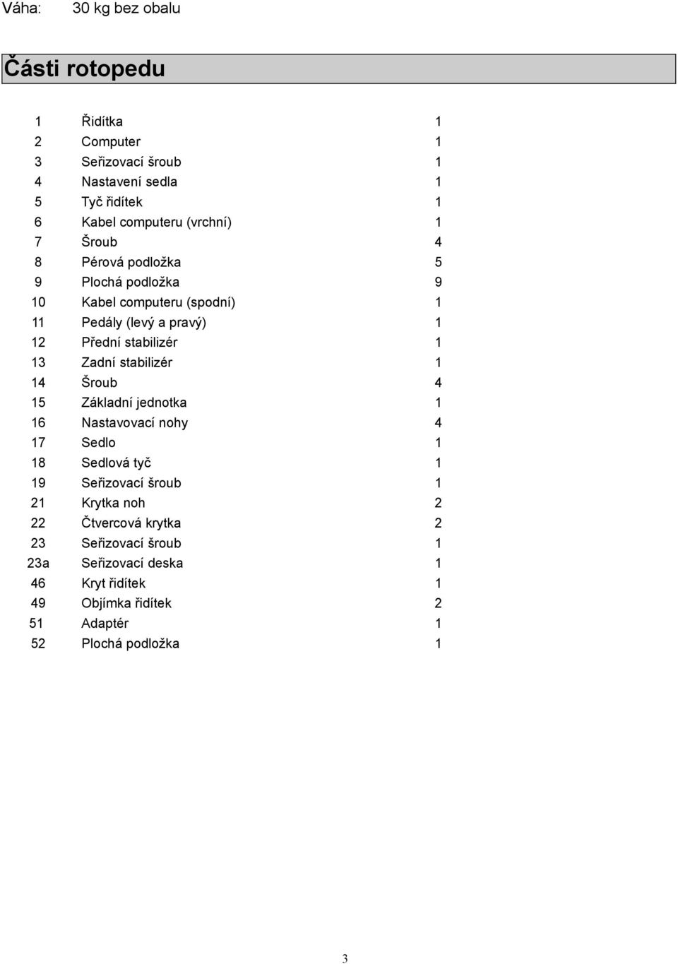 13 Zadní stabilizér 1 14 Šroub 4 15 Základní jednotka 1 16 Nastavovací nohy 4 17 Sedlo 1 18 Sedlová tyč 1 19 Seřizovací šroub 1 21 Krytka