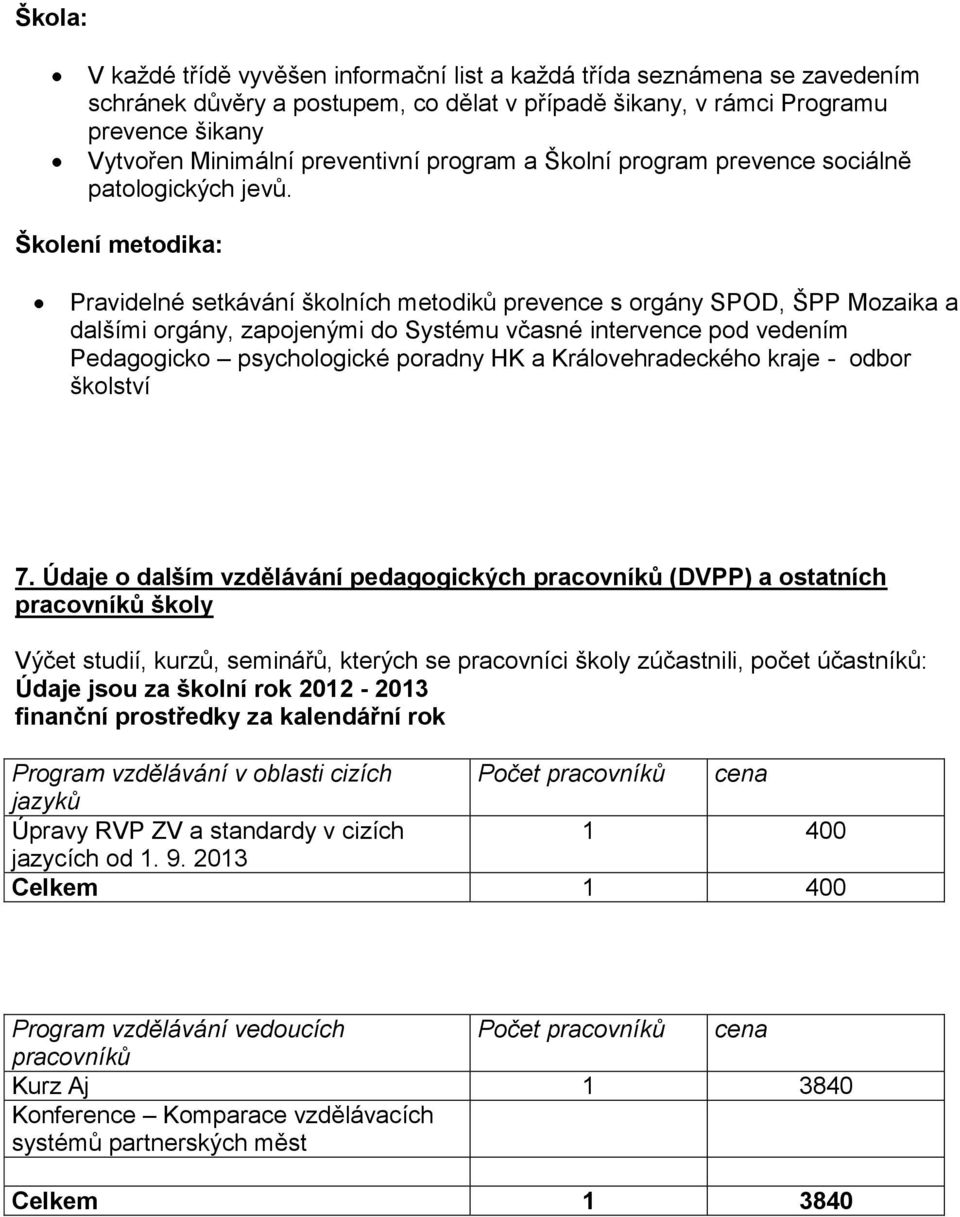 Školení metodika: Pravidelné setkávání školních metodiků prevence s orgány SPOD, ŠPP Mozaika a dalšími orgány, zapojenými do Systému včasné intervence pod vedením Pedagogicko psychologické poradny HK