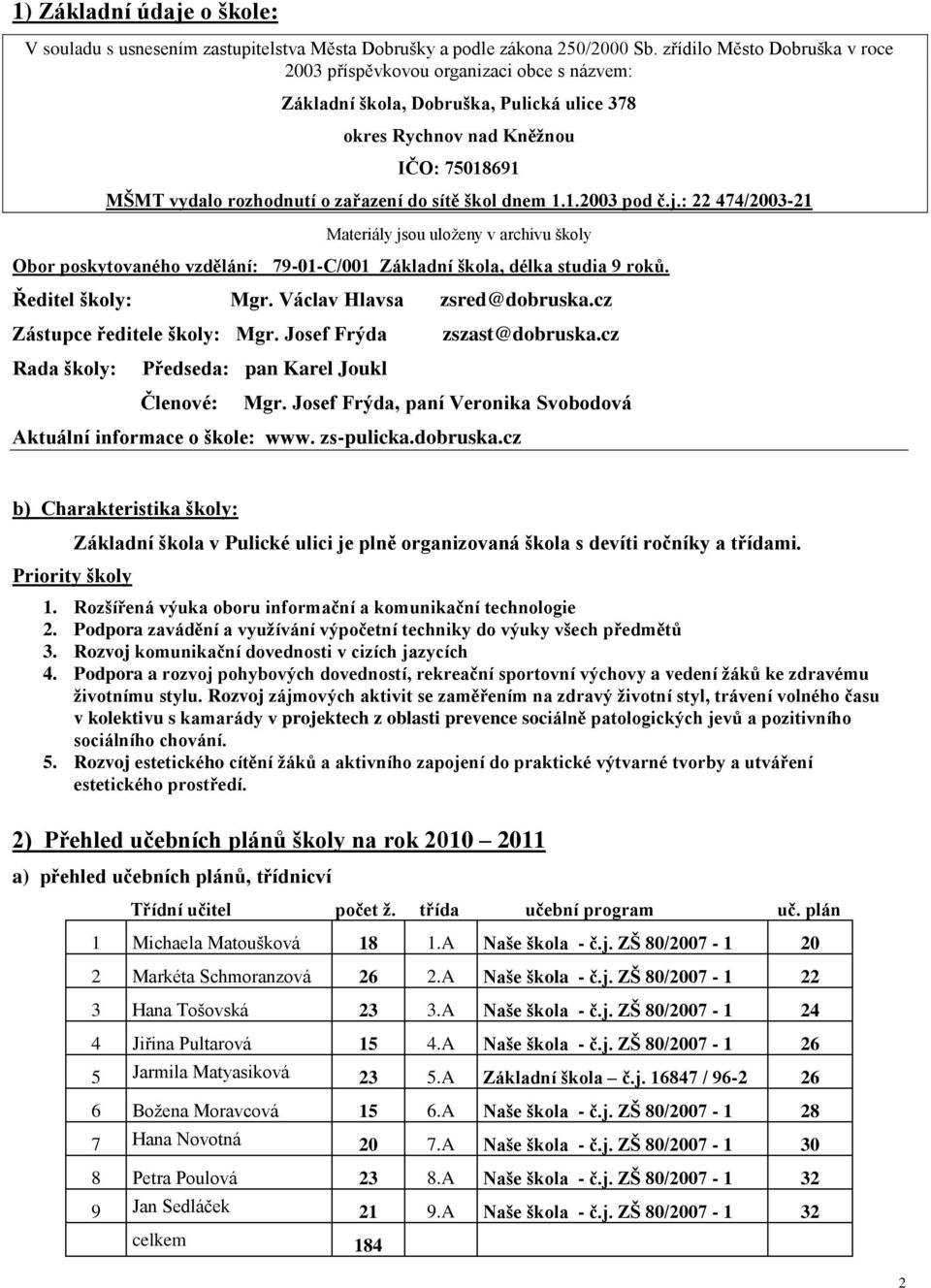 škol dnem 1.1.2003 pod č.j.: 22 474/2003-21 Materiály jsou uloţeny v archivu školy Obor poskytovaného vzdělání: 79-01-C/001 Základní škola, délka studia 9 roků. Ředitel školy: Mgr.