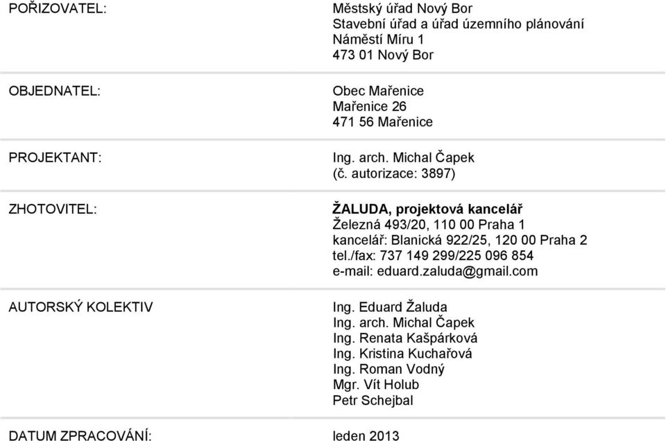 autorizace: 3897) ŽALUDA, projektová kancelář Železná 493/20, 110 00 Praha 1 kancelář: Blanická 922/25, 120 00 Praha 2 tel.