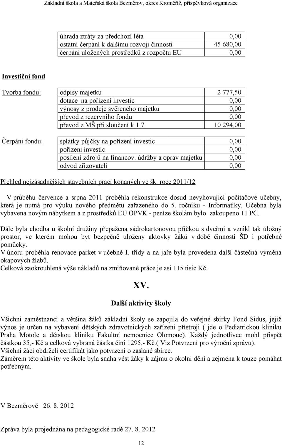 10 294,00 Čerpání fondu: splátky půjčky na pořízení investic 0,00 pořízení investic 0,00 posílení zdrojů na financov.