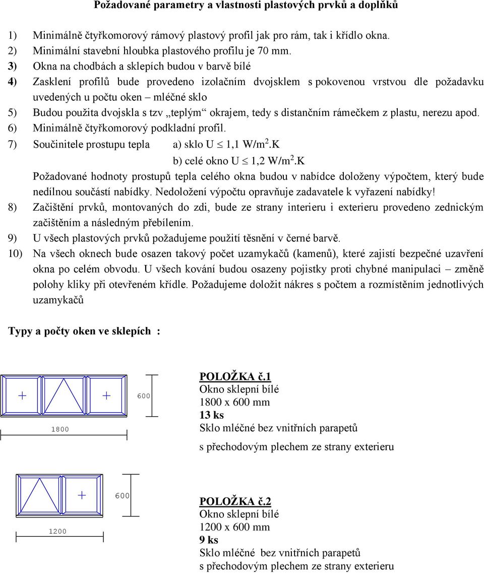 s tzv teplým okrajem, tedy s distančním rámečkem z plastu, nerezu apod. 6) Minimálně čtyřkomorový podkladní profil. 7) Součinitele prostupu tepla a) sklo U 1,1 W/m 2.K b) celé okno U 1,2 W/m 2.
