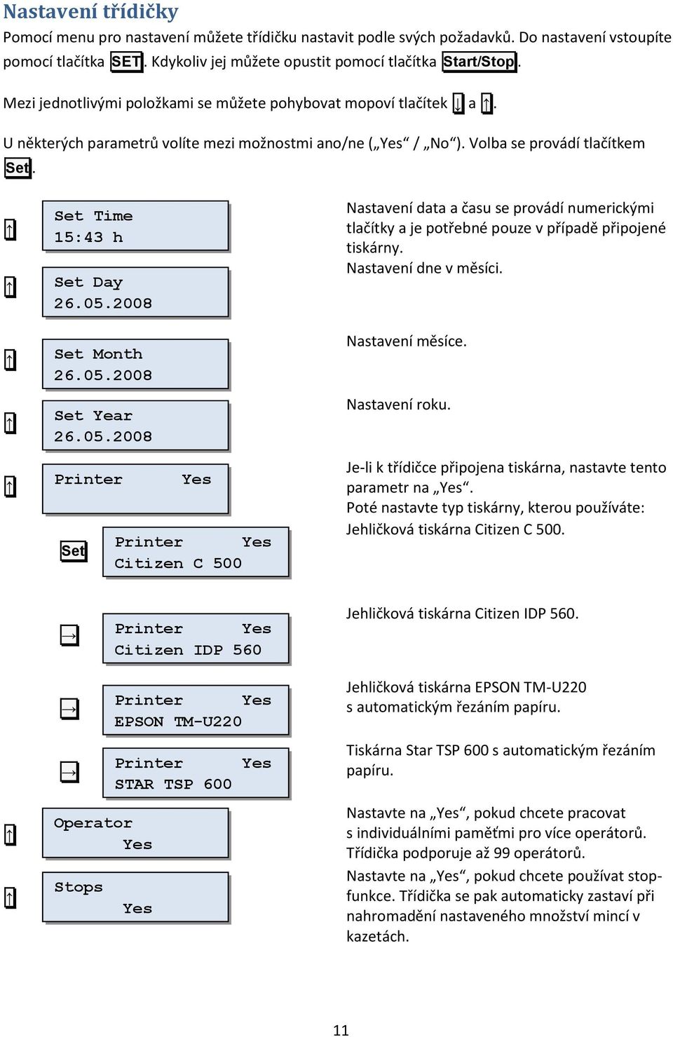 2008 Set Month 26.05.2008 Set Year 26.05.2008 Printer Set Printer Citizen C 500 Nastavení data a času se provádí numerickými tlačítky a je potřebné pouze v případě připojené tiskárny.