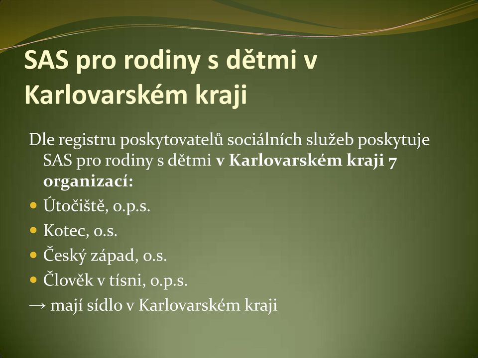 v Karlovarském kraji 7 organizací: Útočiště, o.p.s. Kotec, o.s. Český západ, o.